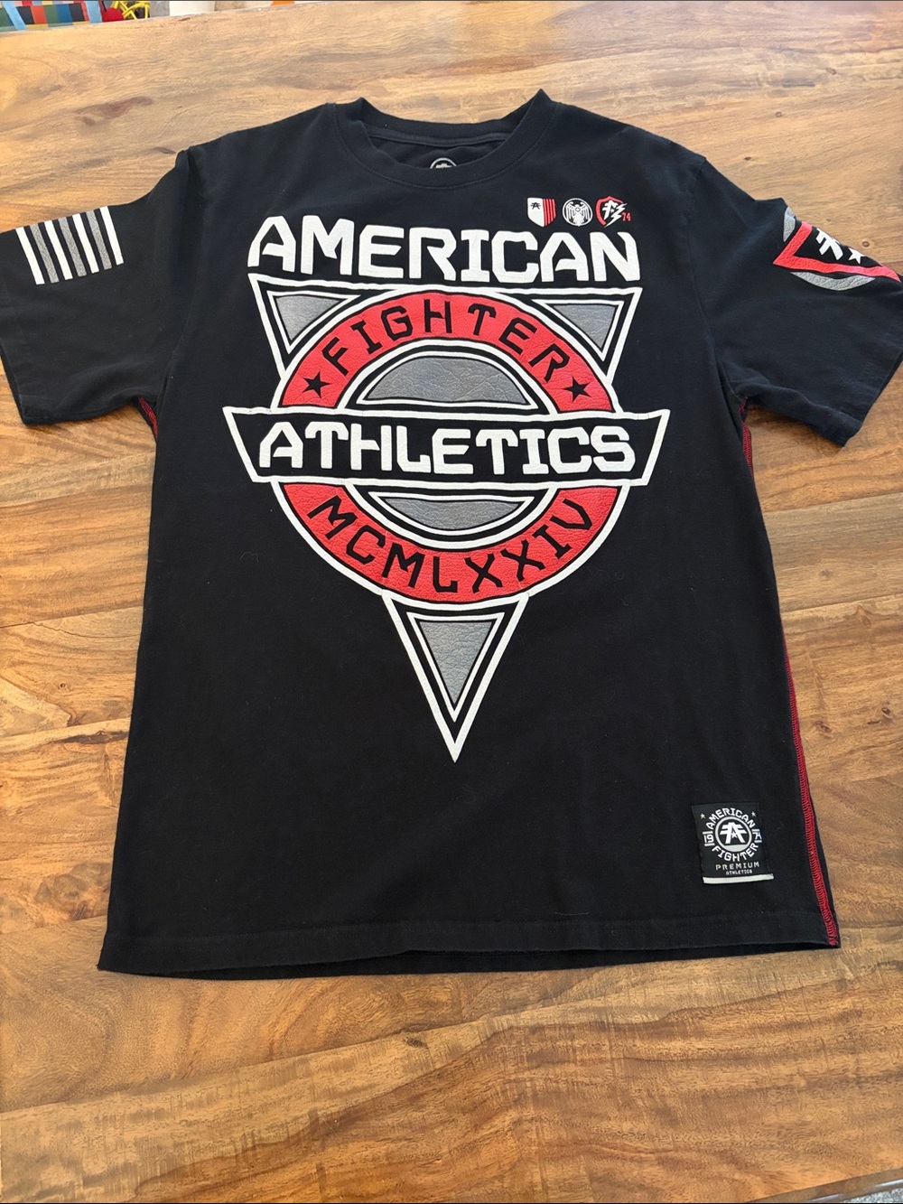 American Fighter Black Tee with Red & White Athletic Graphic